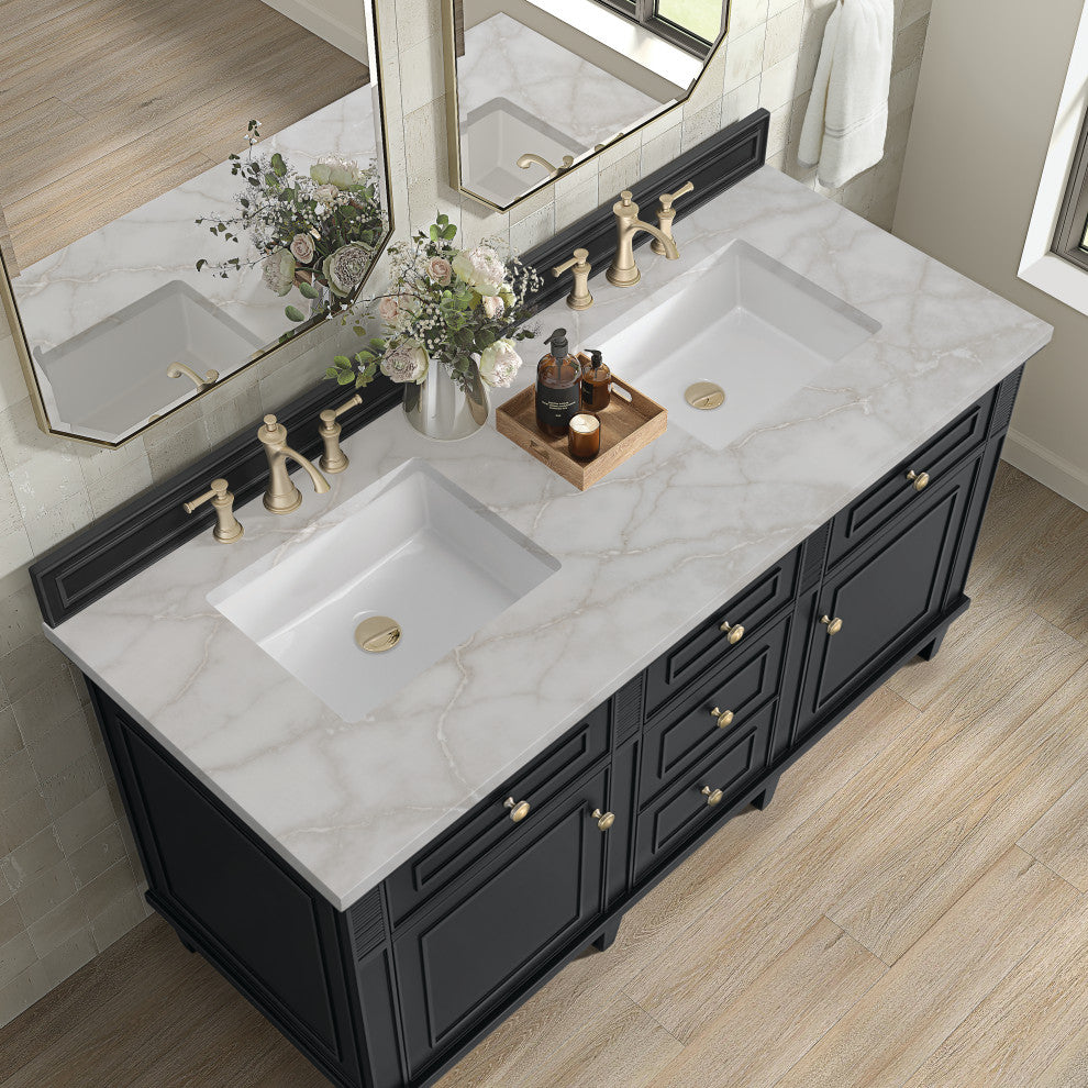 Lorelai 60" Double Vanity, Black Onyx, 3 CM Victorian Silver Top