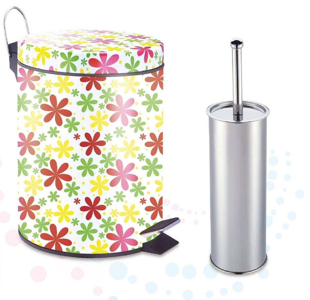 Printed Step on Trash Bin With Toilet Brush, Spring Floral