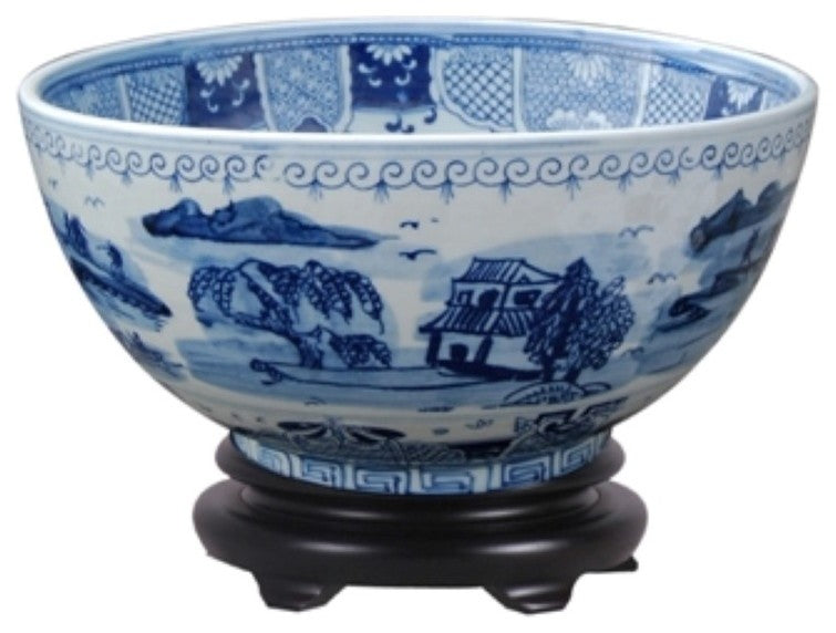 Chinese Blue and White Blue Willow Porcelain Bowl With Base 12"