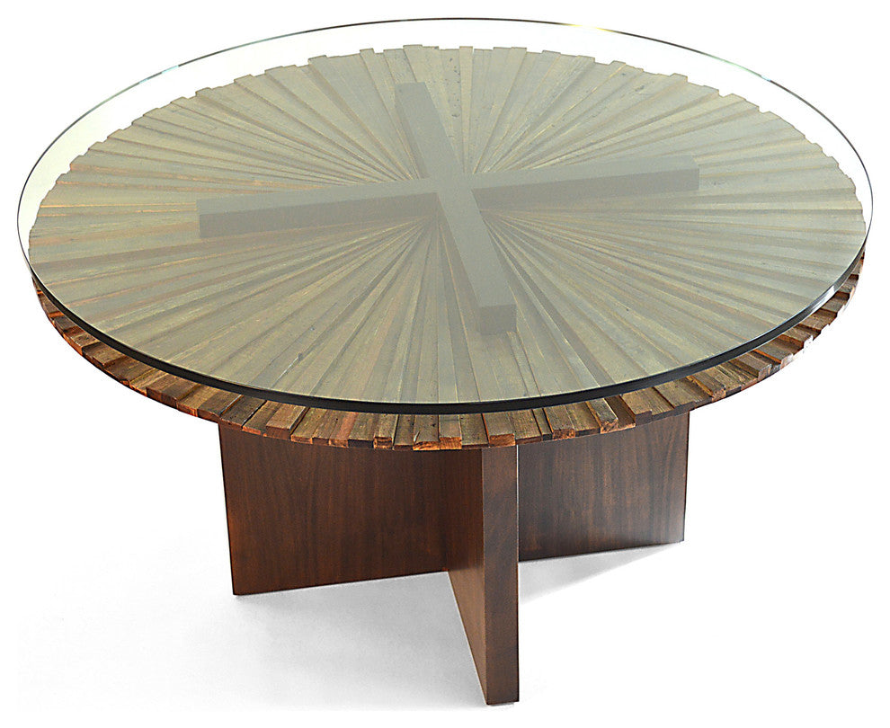 Round Mandala Dining Table, Stained Wood Base