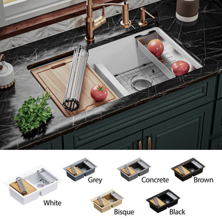 Karran Undermount 32.5 in. Double 50/50 Bowl Workstation Kitchen Sink, White