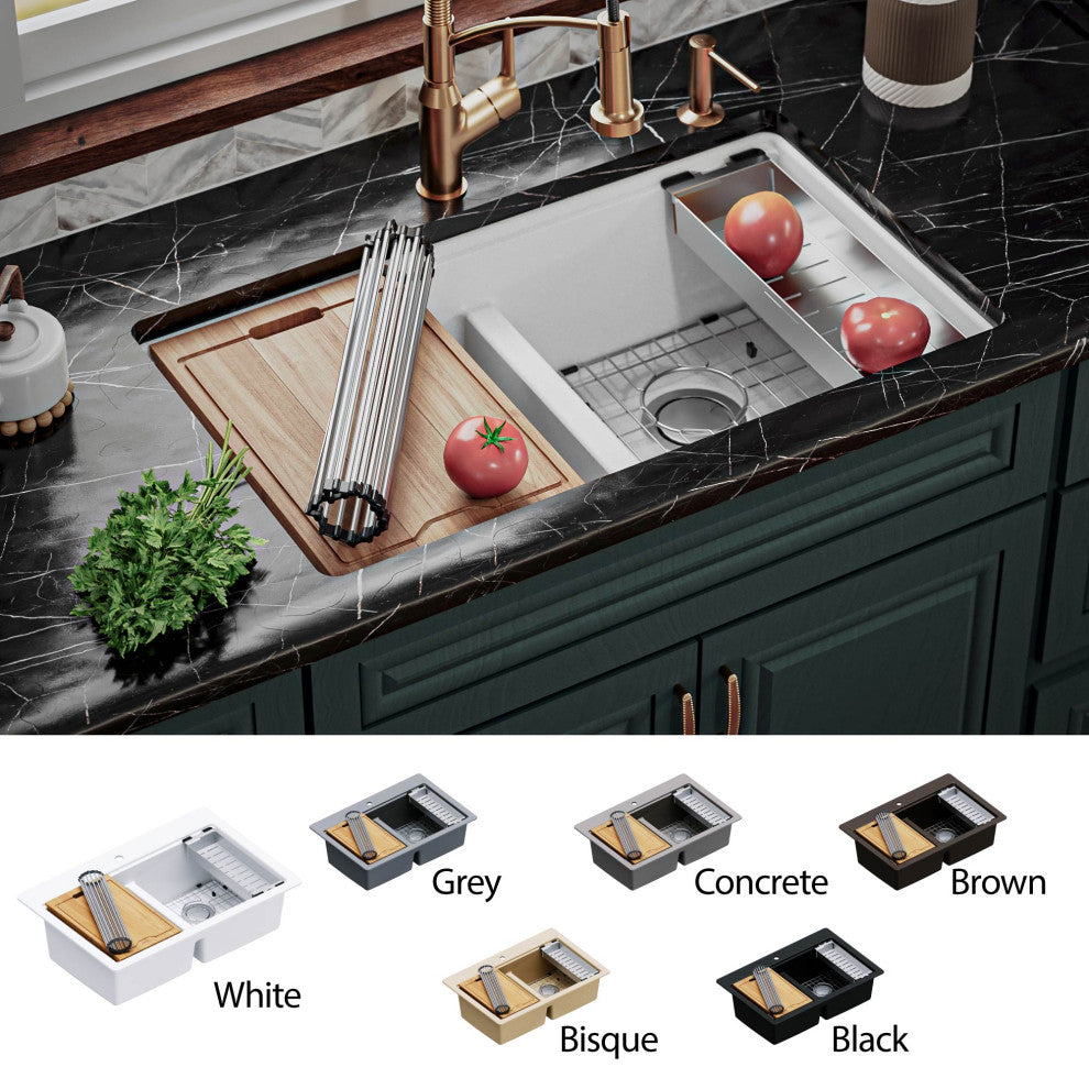 Karran Undermount 32.5 in. Double 50/50 Bowl Workstation Kitchen Sink, White