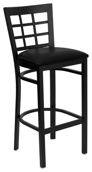 Black Window Back Metal Restaurant Barstool, Black Vinyl Seat