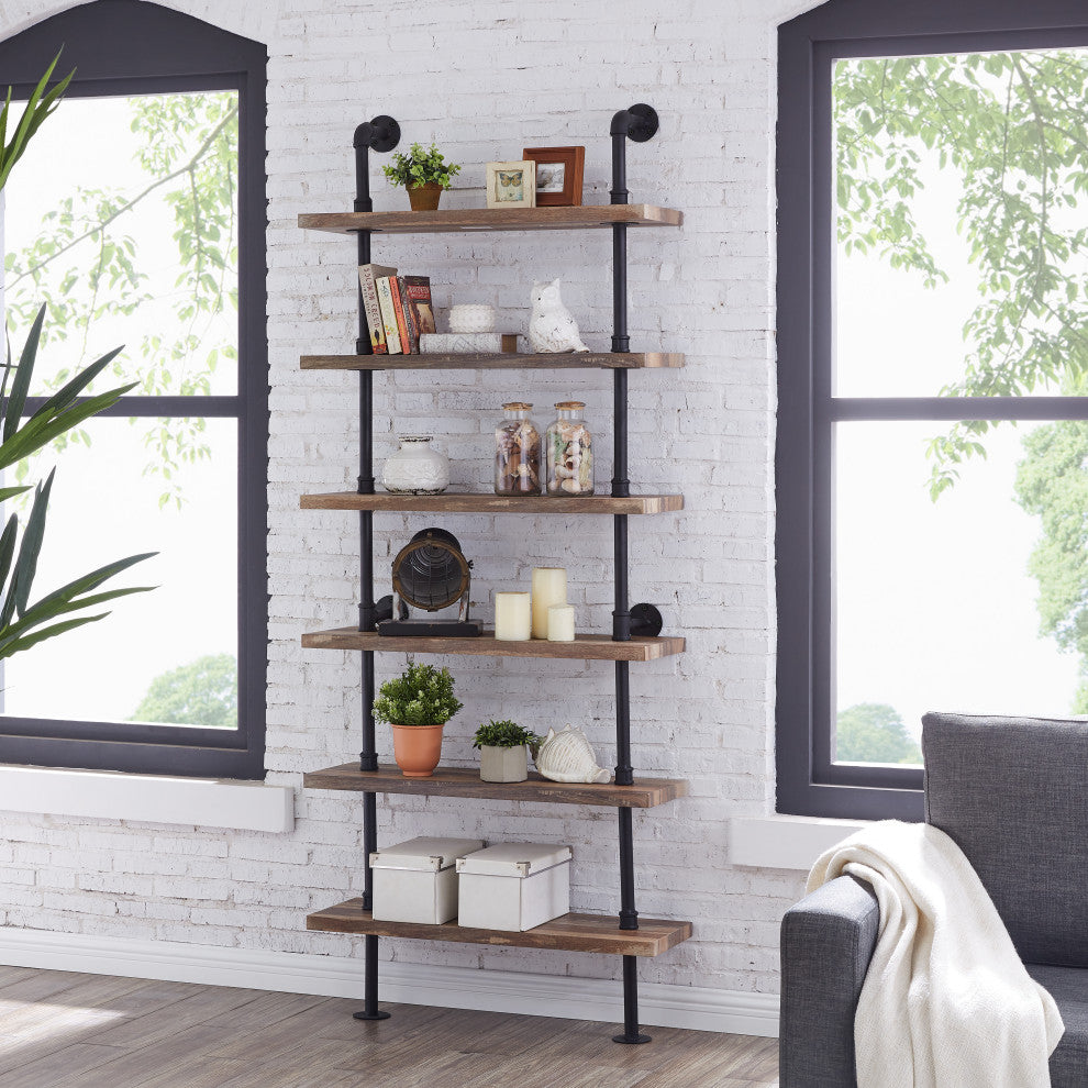 Danya B. Industrial 6-Tier Pipe Wall Shelving Unit, Distressed Wood Finish