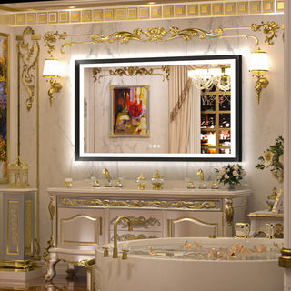 LED Vanity Mirror With Lights Metal Framed Front & Backlit, Dimmable, Black, 55x36