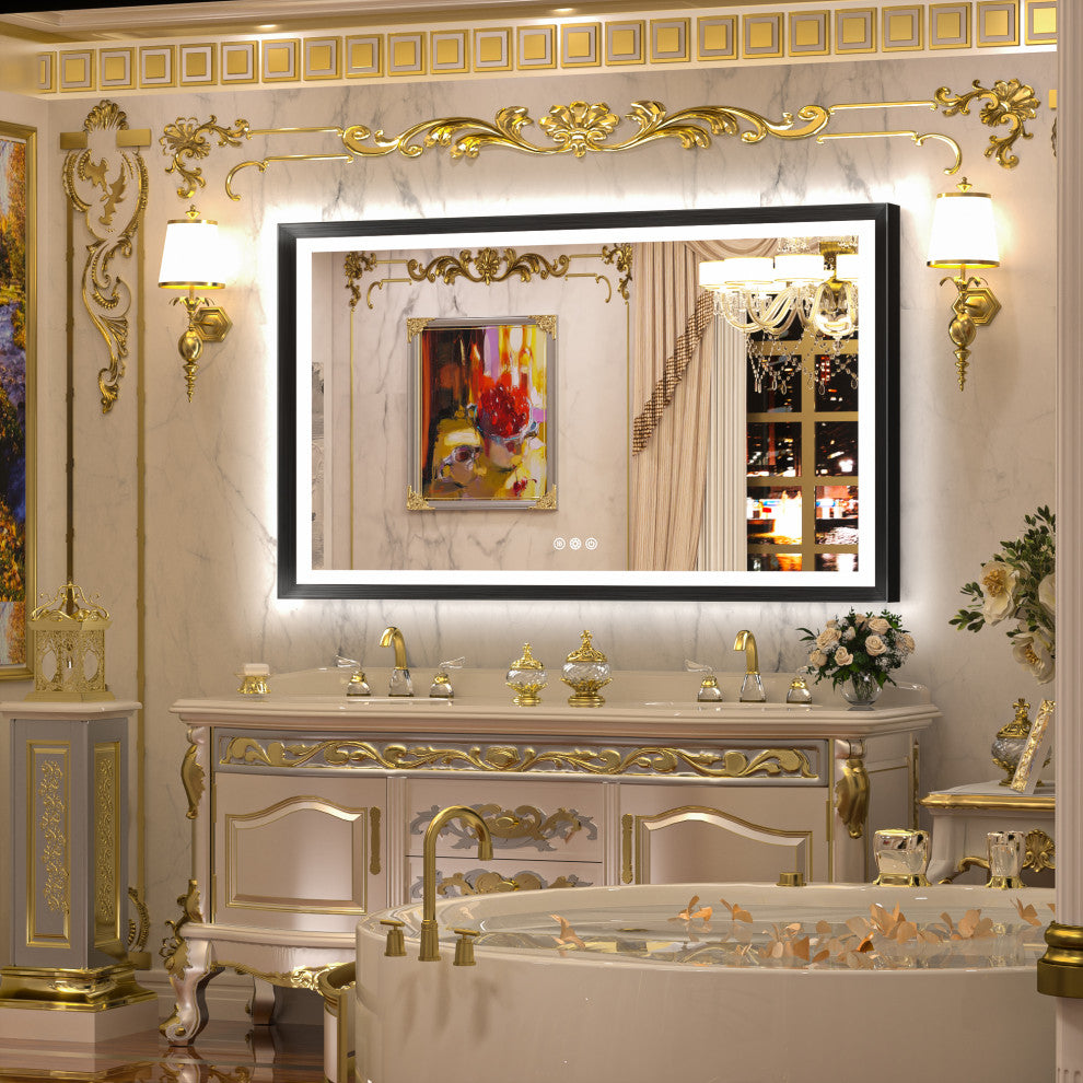 LED Vanity Mirror With Lights Metal Framed Front & Backlit, Dimmable, Black, 55x36