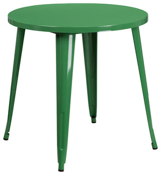 Commercial Grade 30" Round Green Metal Indoor-Outdoor Table Set, 2 Arm Chairs