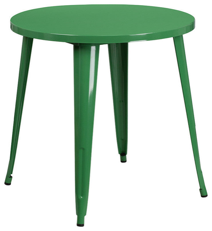 Commercial Grade 30" Round Green Metal Indoor-Outdoor Table Set, 2 Arm Chairs