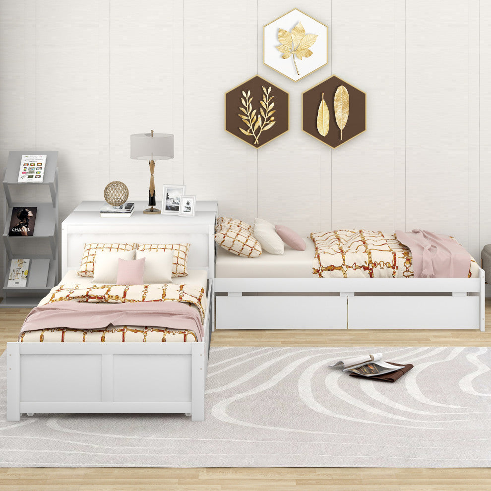 Twin Wood Frame Platform Bed with Trundle and Drawers , White, Twin