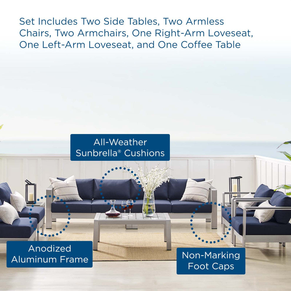 Sectional Sofa Chair Table Set, Sunbrella, Aluminum, Silver Blue Navy, Outdoor