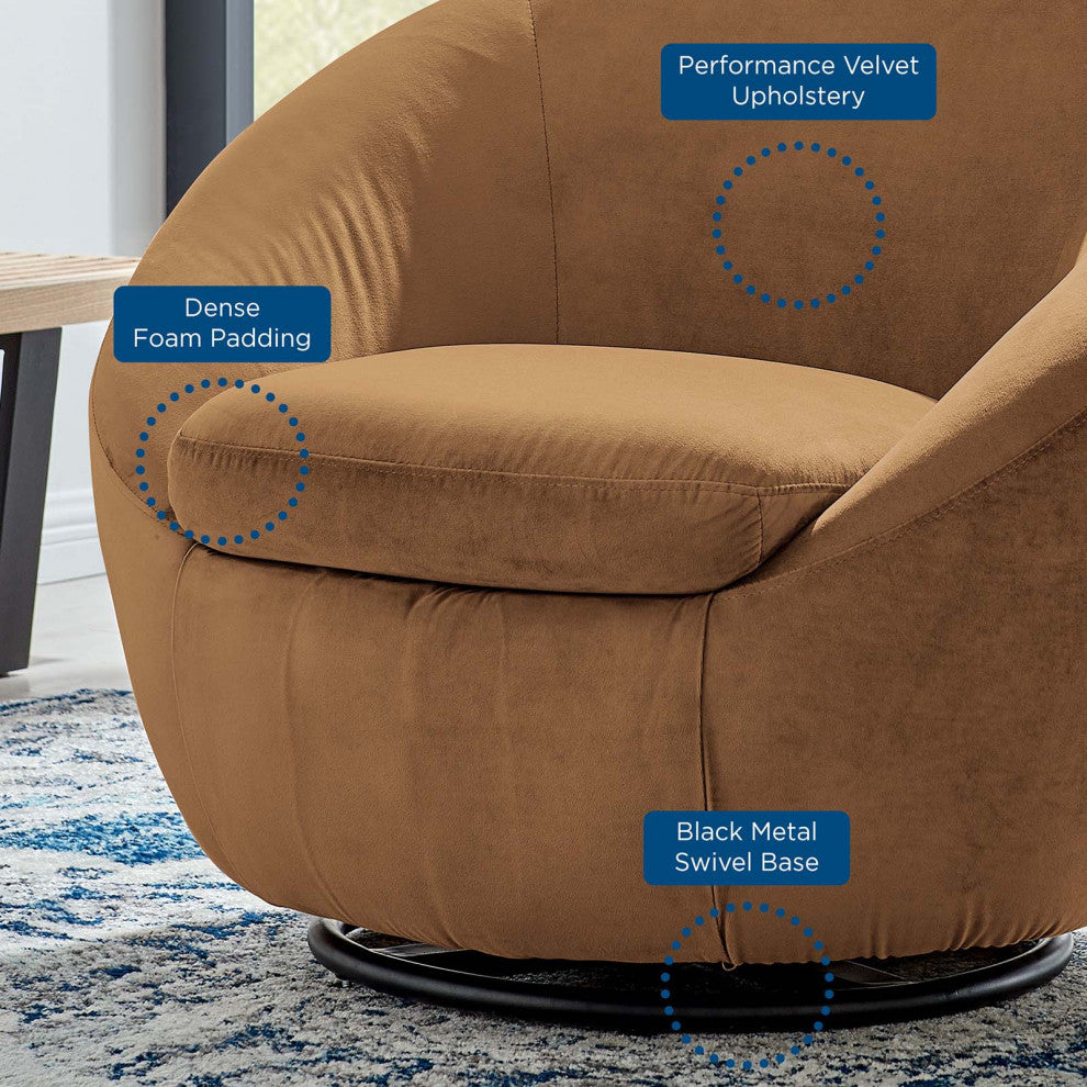 Armchair Swivel Accent Chair, Black Brown, Velvet, Modern, Lounge Hospitality