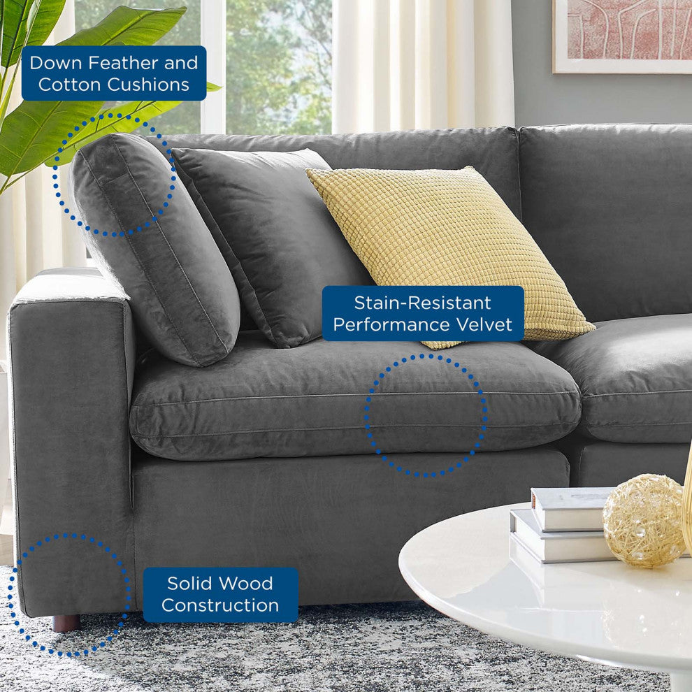 Commix Down Filled Overstuffed Performance Velvet 3-Seater Sofa Gray