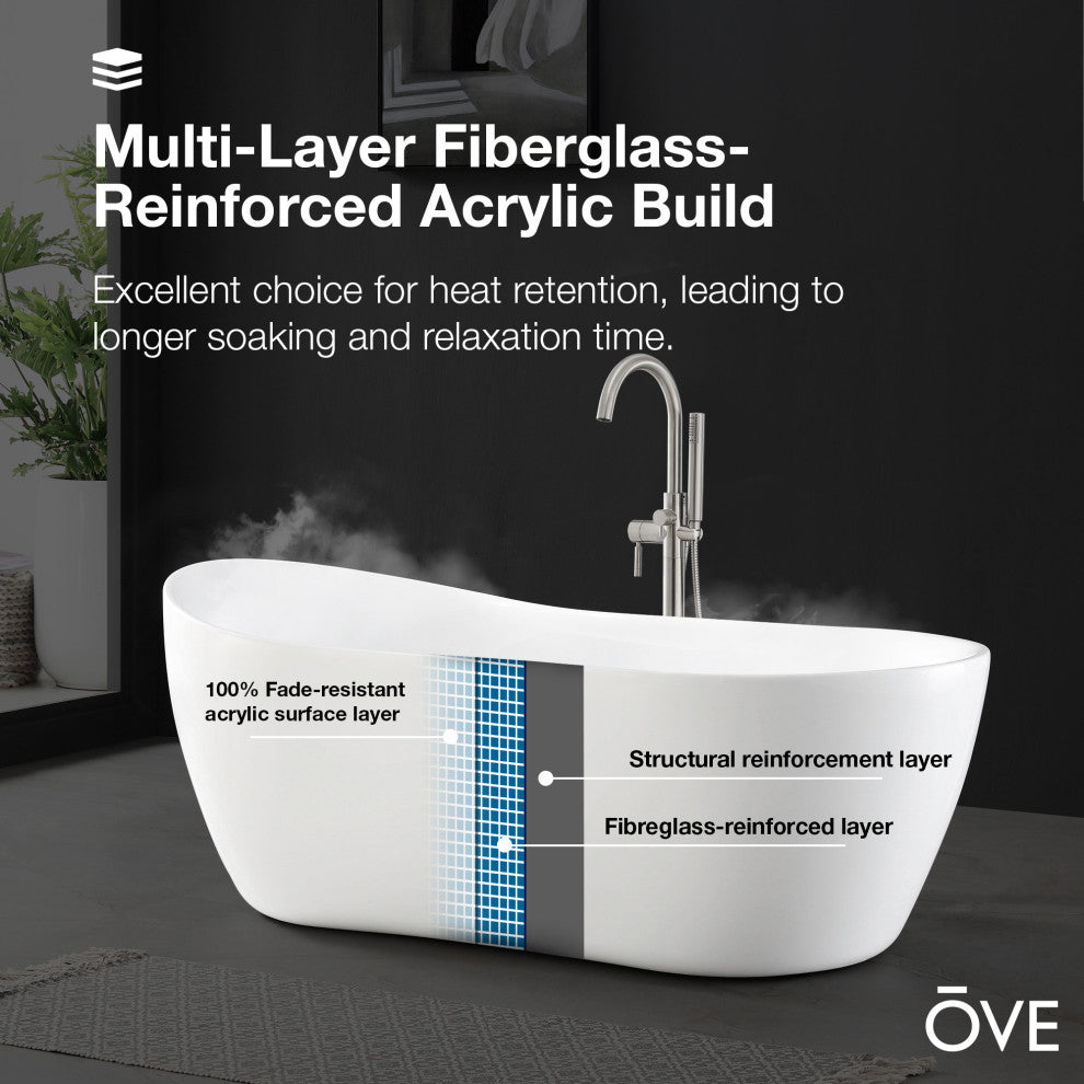 OVE Decors Isaac 58" Acrylic Slipper Flatbottom Non-Whirlpool Bathtub in White