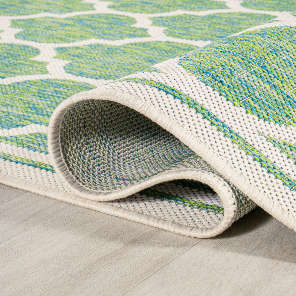 Trebol Moroccan Trellis Textured Weave Indoor/Outdoor, Cream/Green, 2 X 8