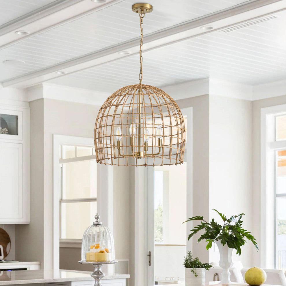 4-Light Hand-Woven Rattan Pendant Light for Kitchen Island