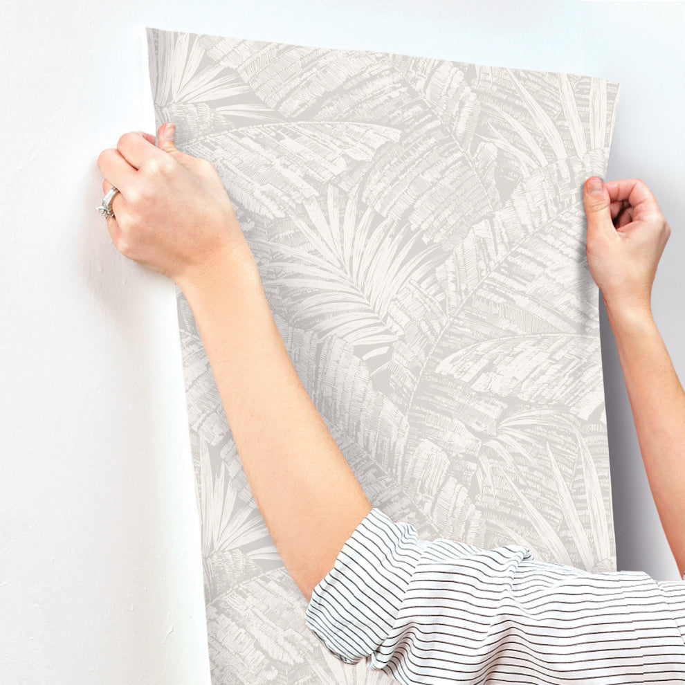 Palm Cove Toile White and Gray Wallpaper