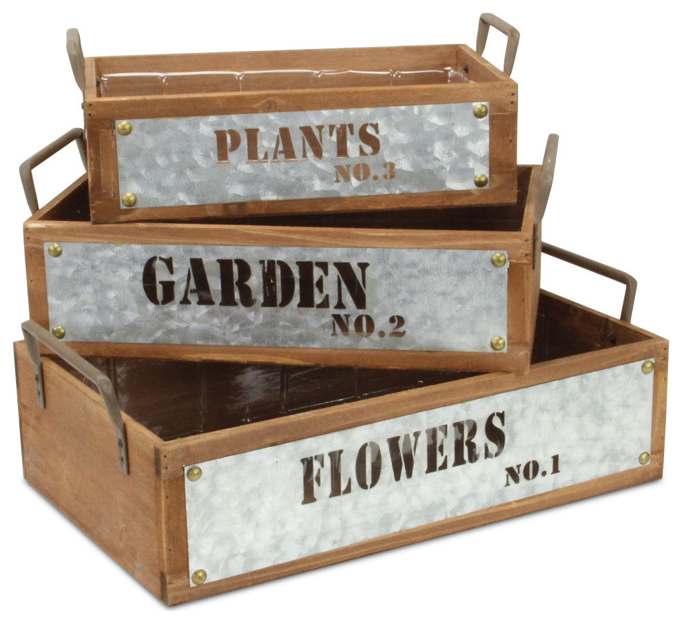 Set Of 3 Wood Storage With Galvanized Cutout Accent