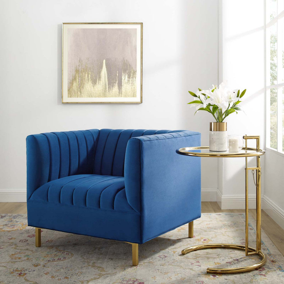 Tufted Armchair Accent Chair, Velvet, Blue Navy, Modern, Lounge Hospitality