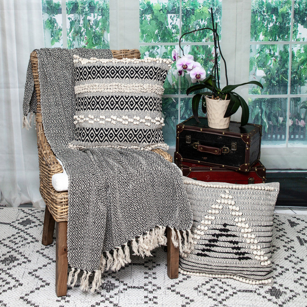 Boho Black and Beige Woven Diamond Pattern Throw With Tassels