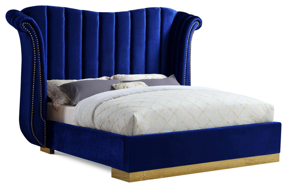 Flora Black Velvet Bed, Navy, Queen