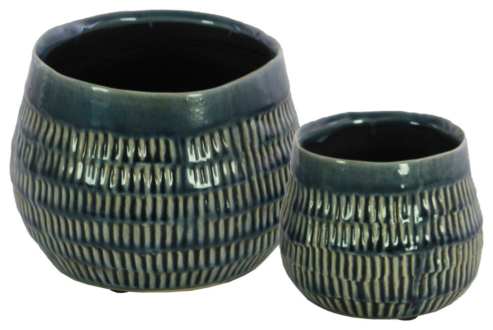 Round Vases, Embossed Rectangle Design Body, Tapered Bottom, 2-Piece Set, Blue