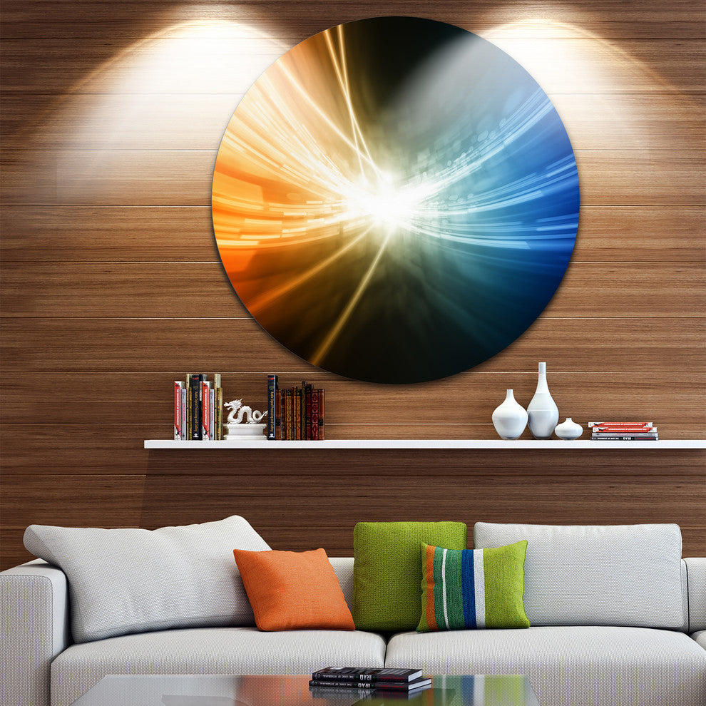 Glowing Blue Yellow Lines, Abstract Digital Art Round Wall Art, 38"