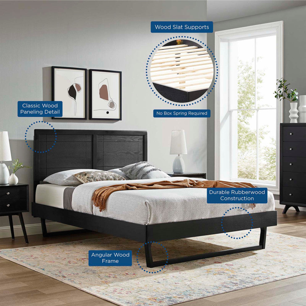 Platform Bed Frame, Queen Size, Wood, Black, Modern Mid-Century, Bedroom Master