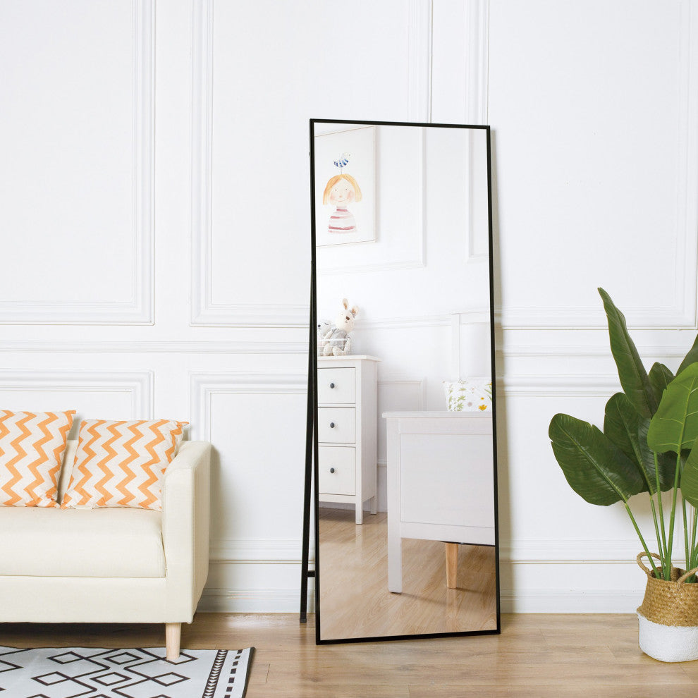 65 inch Rectangular Aluminum Framed Floor Wall Hanging Bedroom Mirror, Black, 22