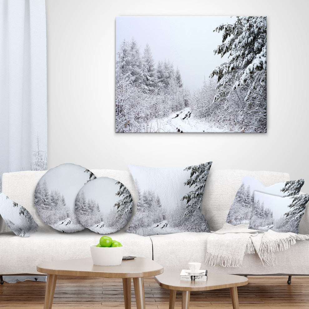 Frosted Forest Trail in Fall Landscape Photo Throw Pillow, 16"x16"