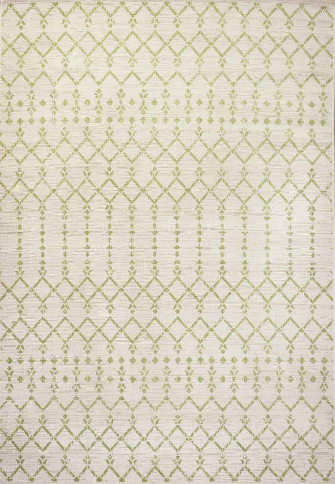 Ourika Moroccan Geometric Indoor/Outdoor Rug, Cream/Green, 9x12