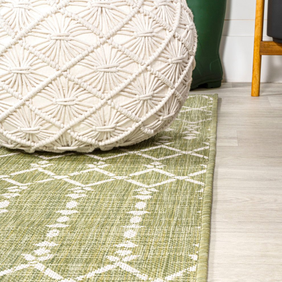 Ourika Moroccan Geometric Indoor/Outdoor Rug, Light Green/Cream, 5' Square