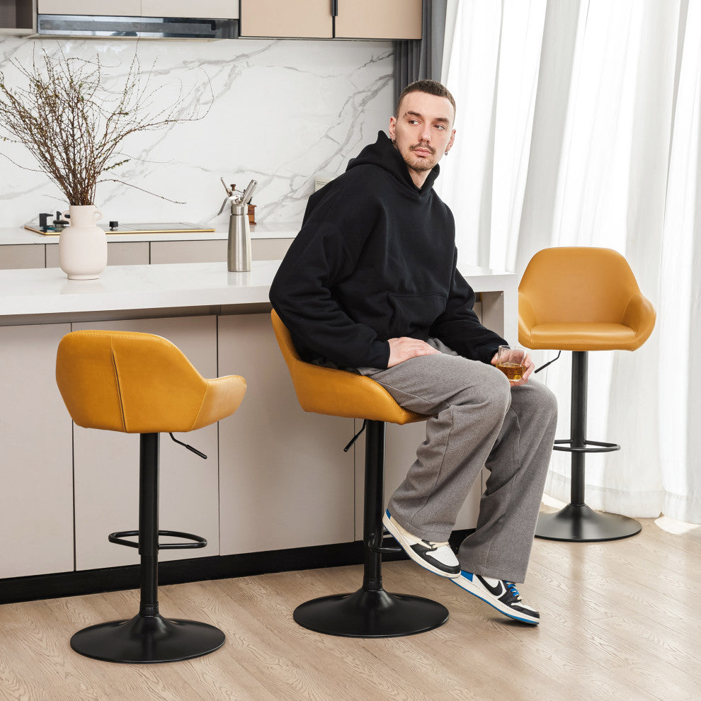 Set of 3 Adjustable Swivel Bar Stool, Mustard Yellow