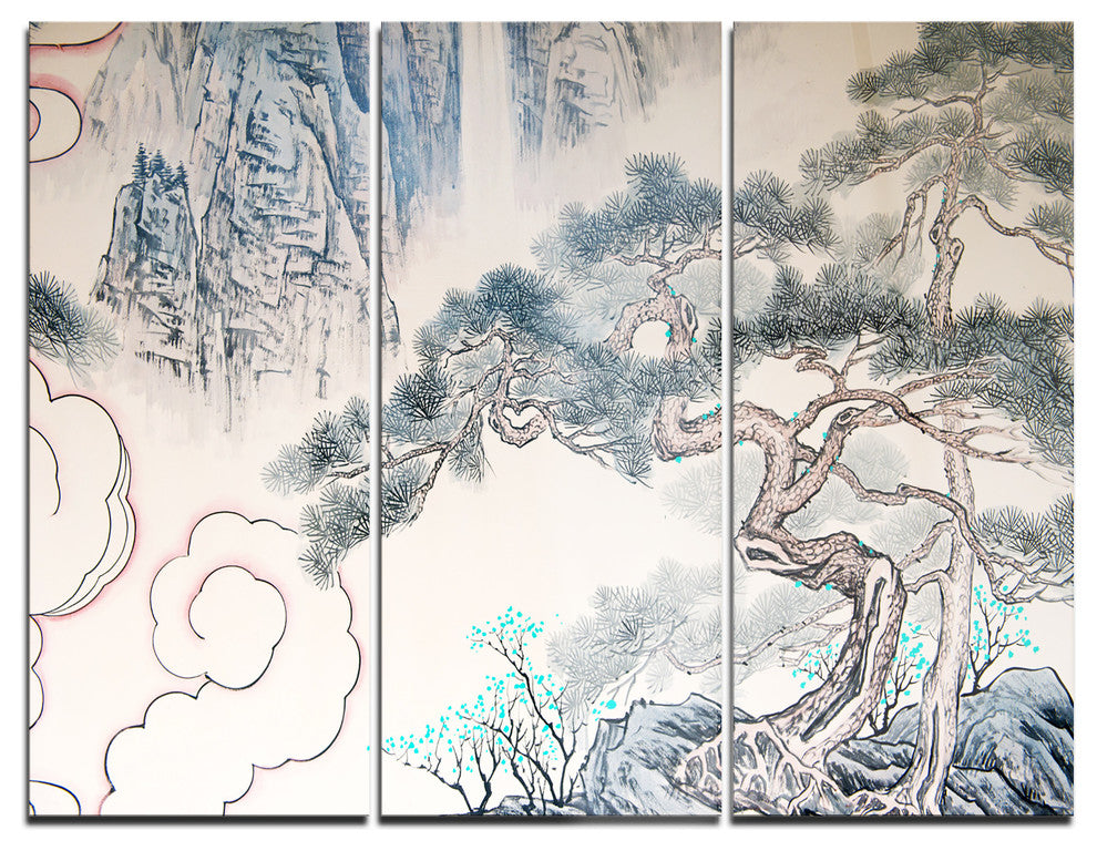 "Chinese Blue Tree Art" Painting Metal Wall Art, 3 Panels, 36"x28"