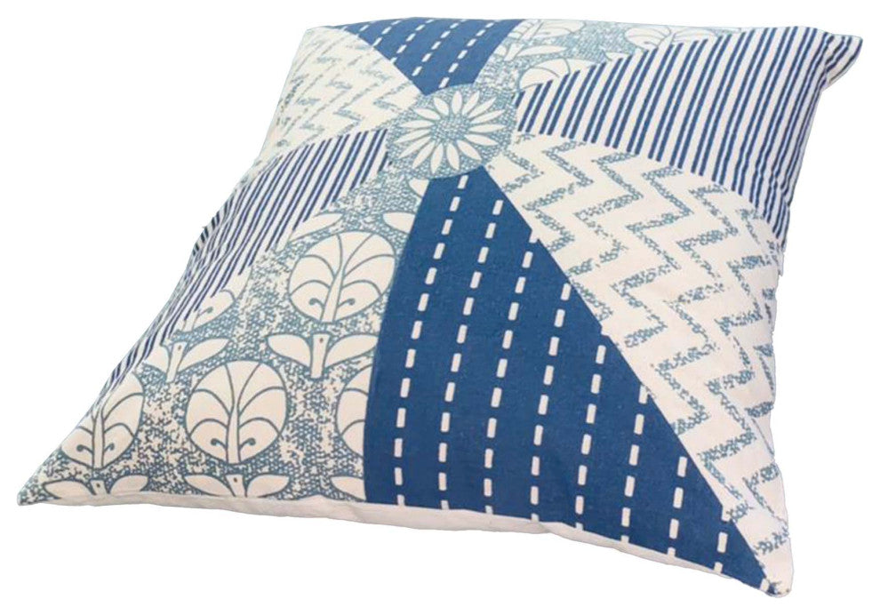 Benzara UPT-268970 Accent Pillow, Geometric Pattern, Cotton Cover, Blue/White