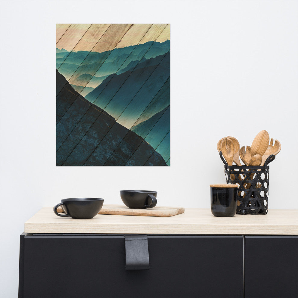 Faux Wood Misty Blue Silhouette Mountain Range Landscape Wall Art, 16" X 20"