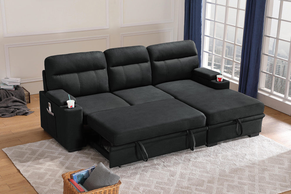 Kaden Fabric Sleeper Sectional Sofa, Black