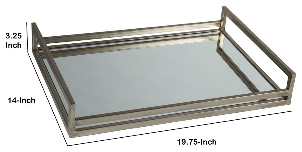 Benzara BM231913 Rectangular Metal Frame Tray With Mirrored Top, Silver