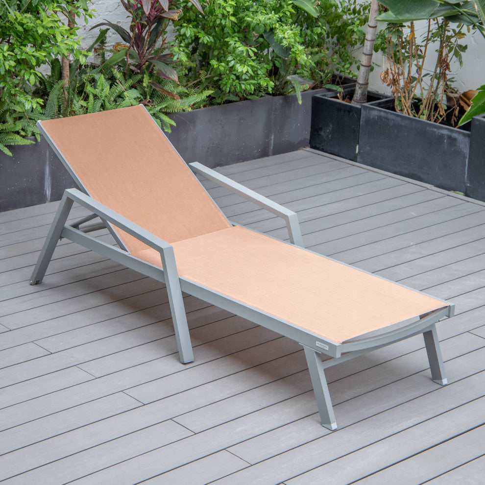 LeisureMod Marlin Patio Chaise Lounge Chair With Arms Gray Frame, Light Brown