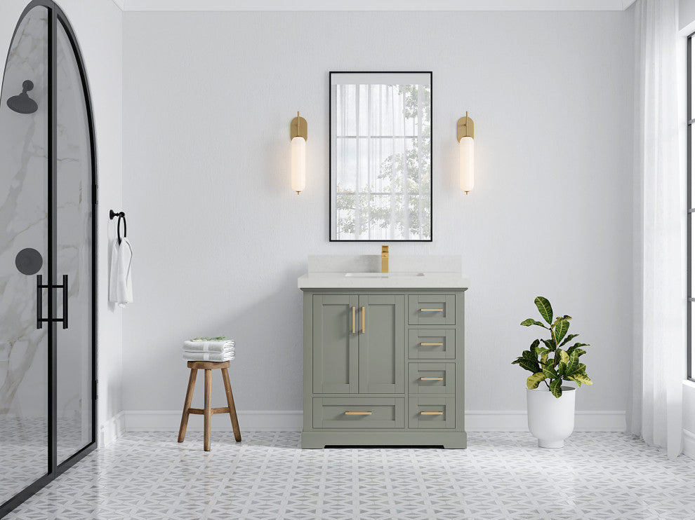 Boston 36 Center Sink Bath Vanity in Evergreen 2" Carrara Quartz