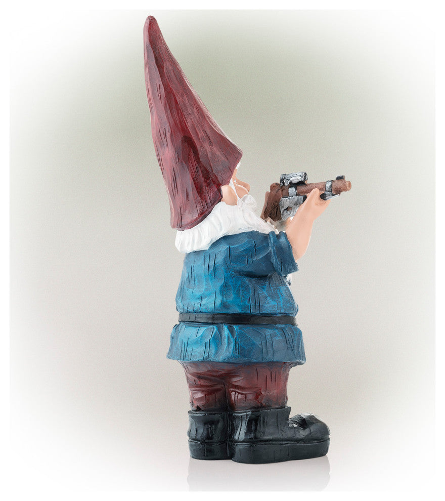 12" Tall Outdoor Hunting Garden Gnome with Blue Shirt Yard Statue, Multicolor