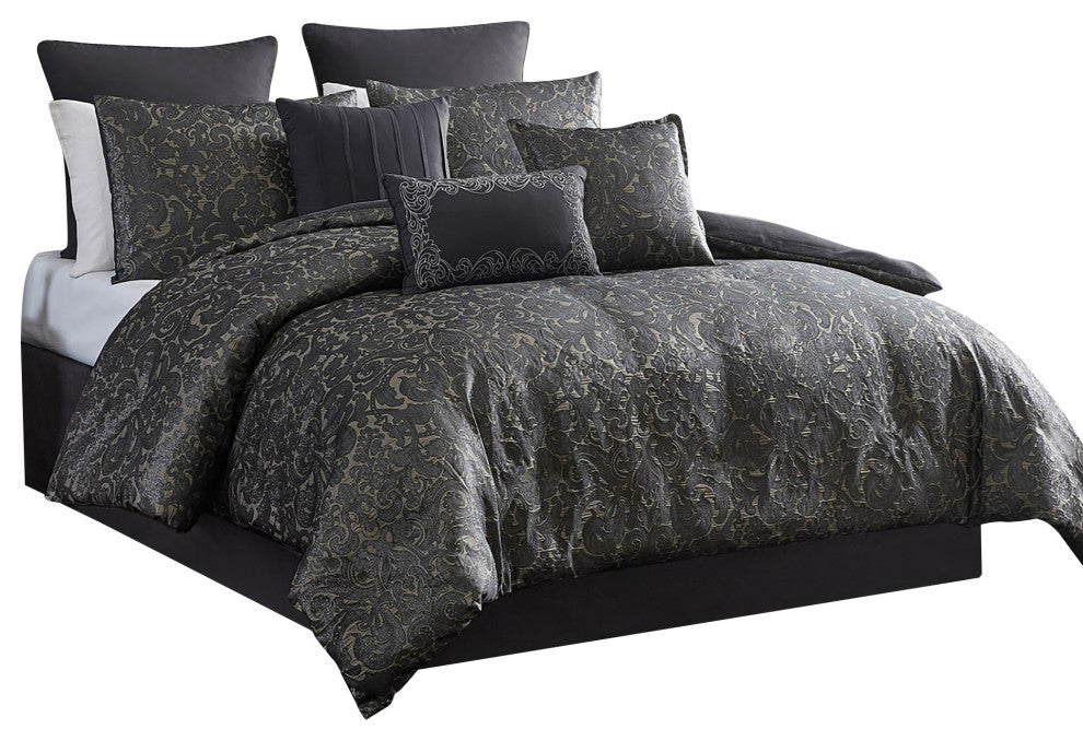 Benzara BM283917 10 Piece Polyester King Comforter Set, Damask Pattern, Gray
