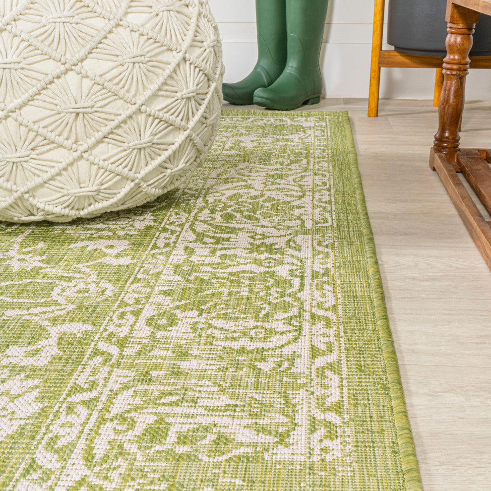Tela Boho Textured Weave Floral Indoor/Outdoor Rug, Green/Cream, 3 X 5