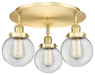 Beacon-3 Light 18" Flush Mount-Satin Gold, Clear Glass Shade