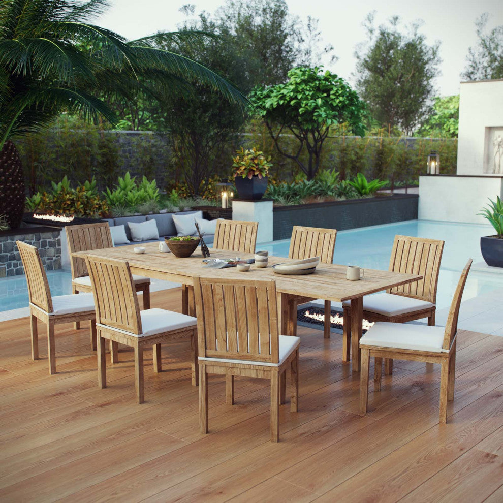 Side Dining Chair and Table Set, Wood, Brown Natural White, Modern, Outdoor