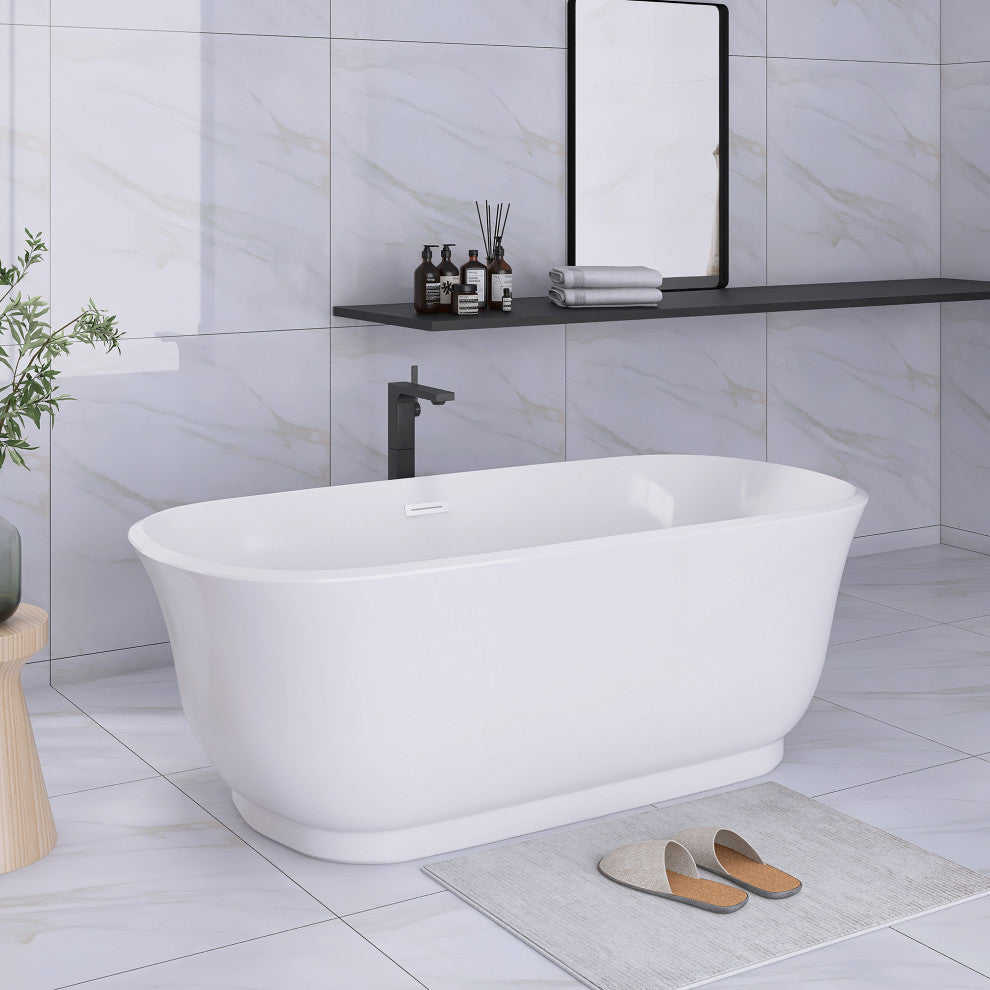 Acrylic Oval Freestanding Flatbottom Soaking Bathtub in Glossy White, 67"31"