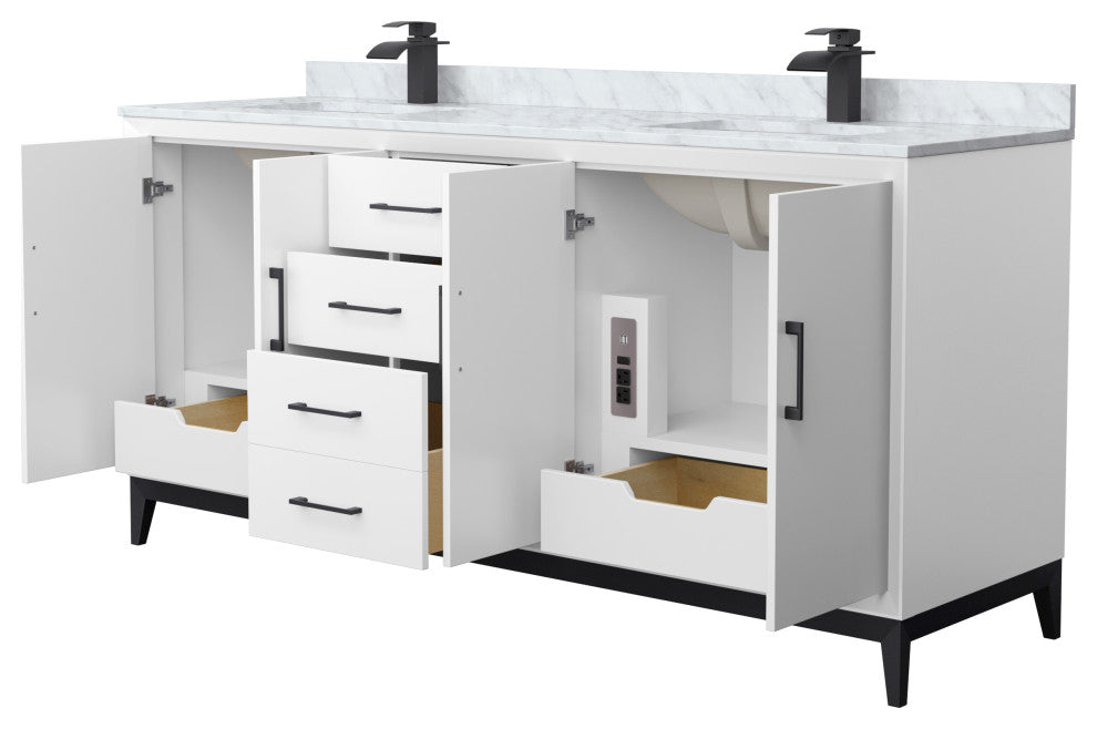 Amici 72" White Double Vanity, White Carrara Marble Top, Matte Black Trim