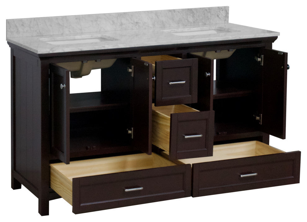 Paige 60" Bathroom Vanity, Chocolate, Carrara Marble, Double Sink
