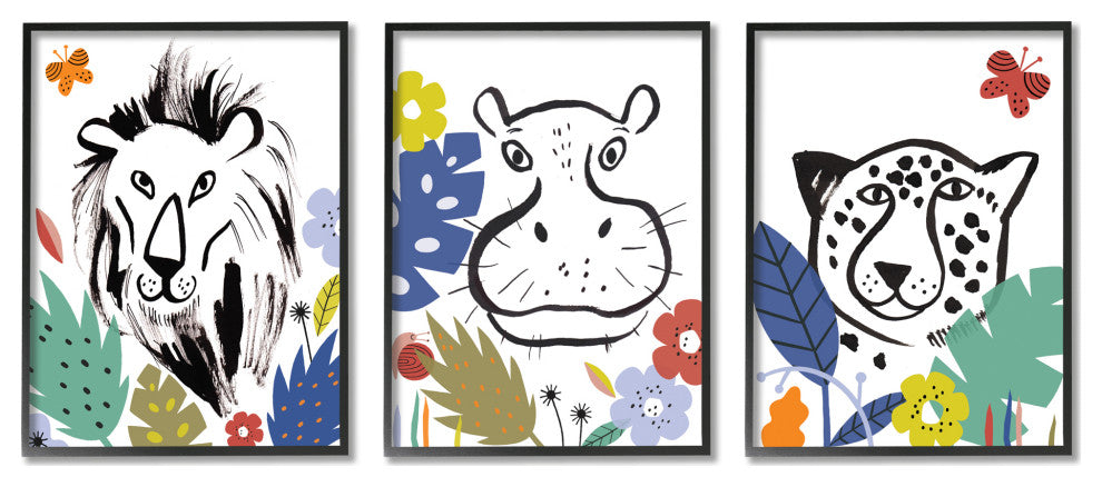 Jungle Animal Kingdom Colorful Kids Pet Illustration, 3pc, each 11 x 14