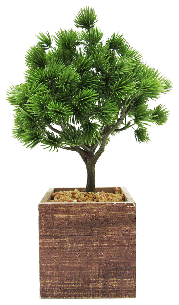 Artificial Desktop Pine Bonsai Tree, Square Wood Pot 10.5"