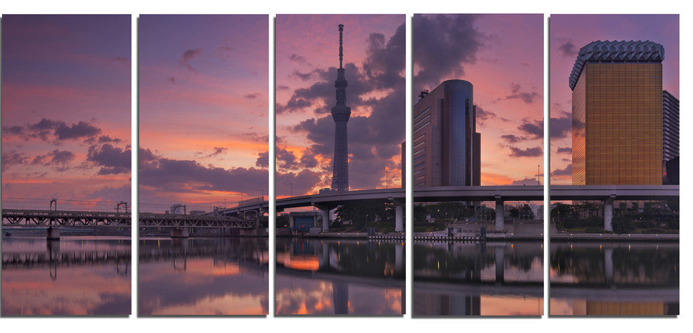 Tokyo Sky Tree and Sumida River, Landscape Canvas Art Print, 60"x28", 5 Panels